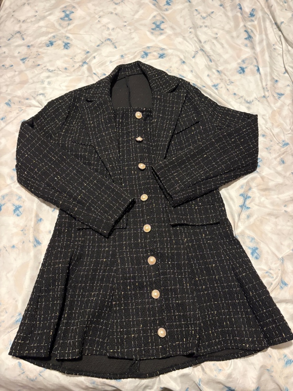 SHEIN Black Tweed Pearl-Button Blazer Dress